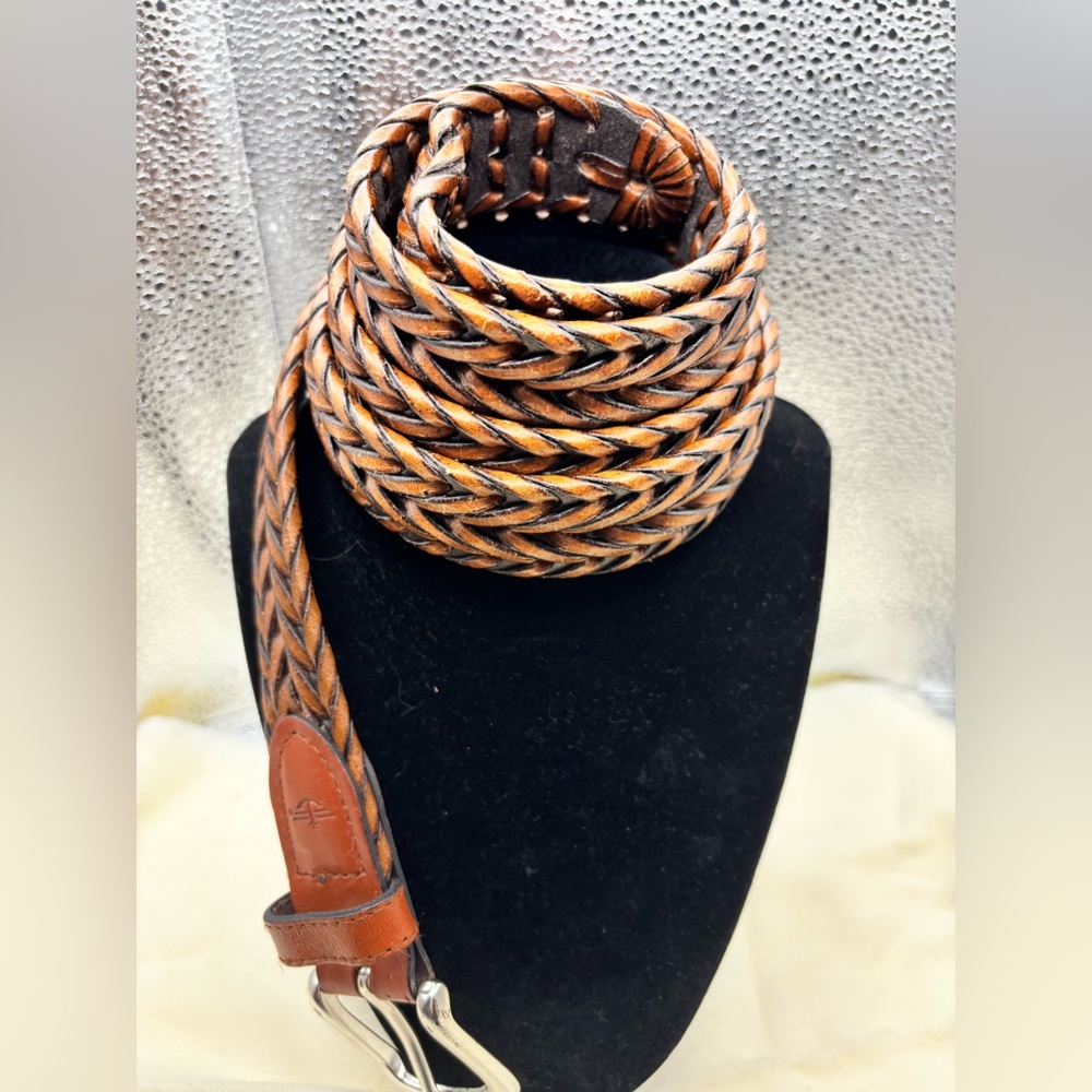 Men’s Brown Leather Tab Imitation Braiding Belt Gold Buckle Size 49/120